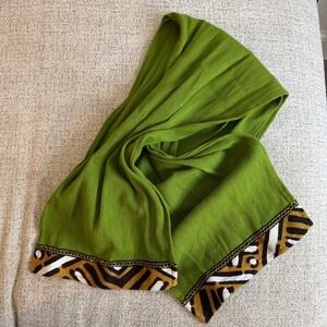 Green Cotton Scarf with Tribal Print Trim Lightweight‎ Accessory 35" x 10"